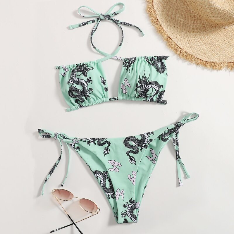 

Chinese Dragon Halter Tie Side Bikini Swimsuit, Green