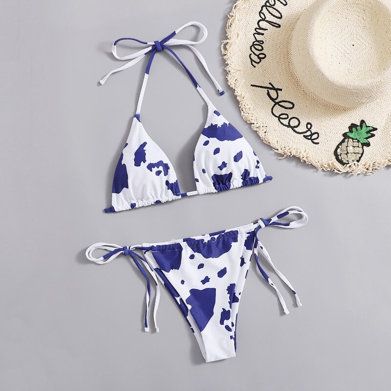 

All Over Print Halter Bikini Swimsuit, Blue and white