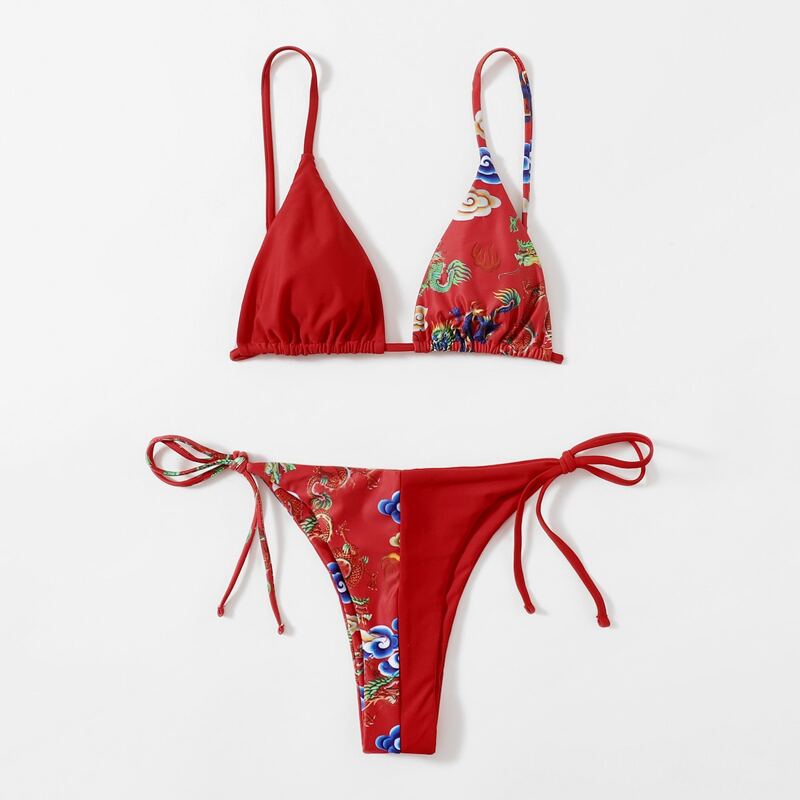 

Chinese Dragon Tie Side Bikini Swimsuit, Red