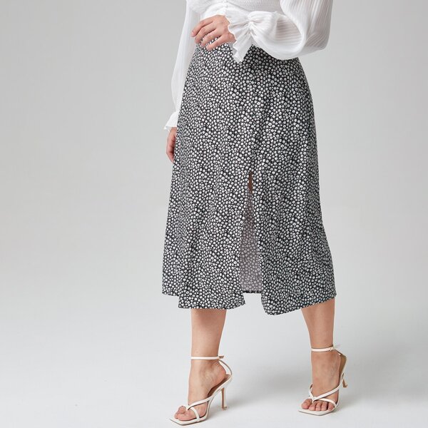

Plus Ditsy Floral Split Thigh Skirt, Multicolor
