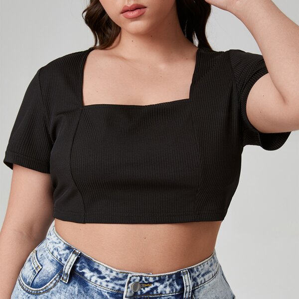 

Plus Square Neck Rib-knit Crop Tee, Black