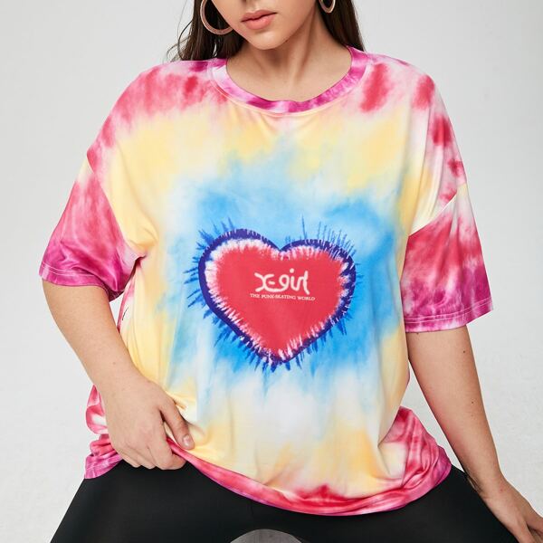 

Plus Tie Dye & Heart Print Drop Shoulder Tee, Multicolor