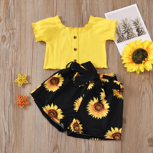 

Toddler Girls Lettuce Trim Top & Sunflower Print Shorts Set, Multicolor