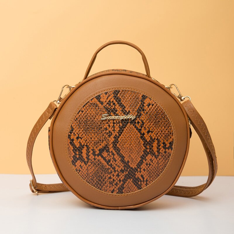 

Snakeskin Round Satchel Bag, Brown