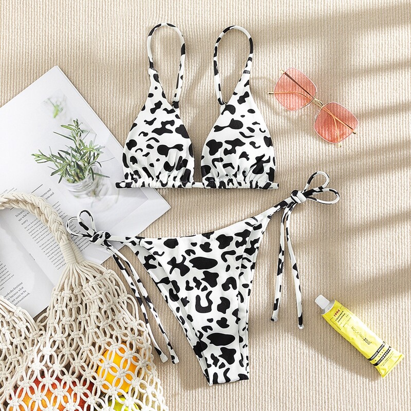 

Cow Print Tie Side Bikini Swimsuit, Black and white
