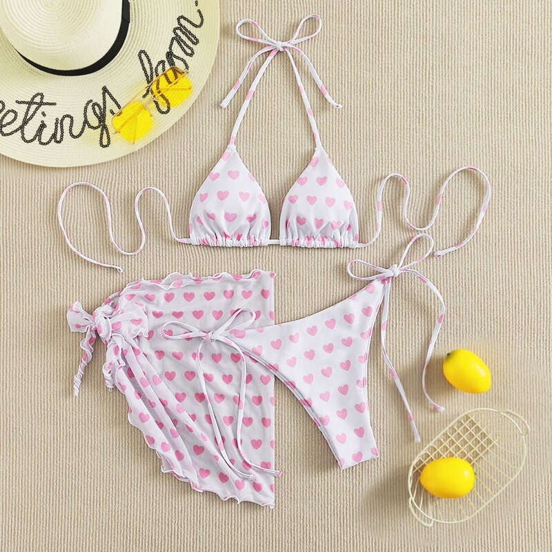

3pack Heart Halter Bikini Swimsuit With Beach Skirt, Pink