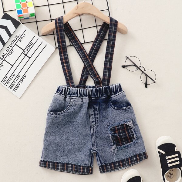 

Toddler Girls Plaid Ripped Denim Overall, Light wash