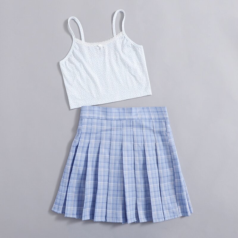 

Ditsy Floral Contrast Lace Crop Cami & Plaid Pleated Skirt, Blue and white
