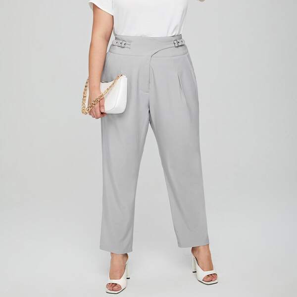 

Plus Solid Slant Pocket Tailored Pants, Light grey