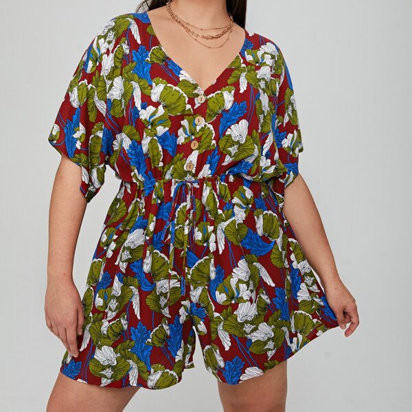 

Plus Allover Floral Half Button Drawstring Romper, Multicolor