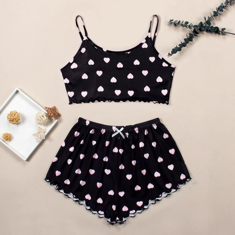 

Heart Print Lettuce Trim Pajama Set, Black