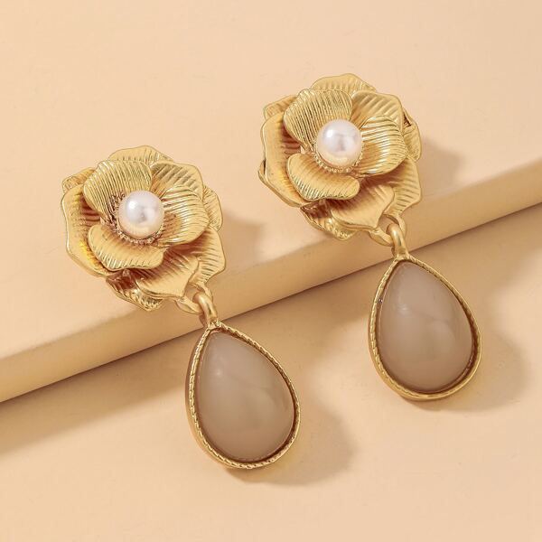 

Faux Pearl Decor Water Drop Earrings, Gold