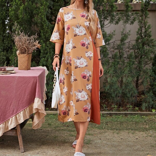 

Floral Colorblock Tunic Dress, Multicolor