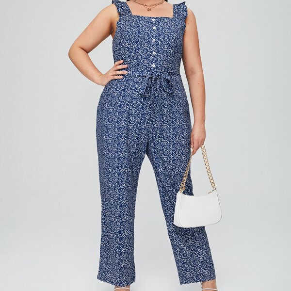

Plus Allover Plant Print Jumpsuit, Navy blue