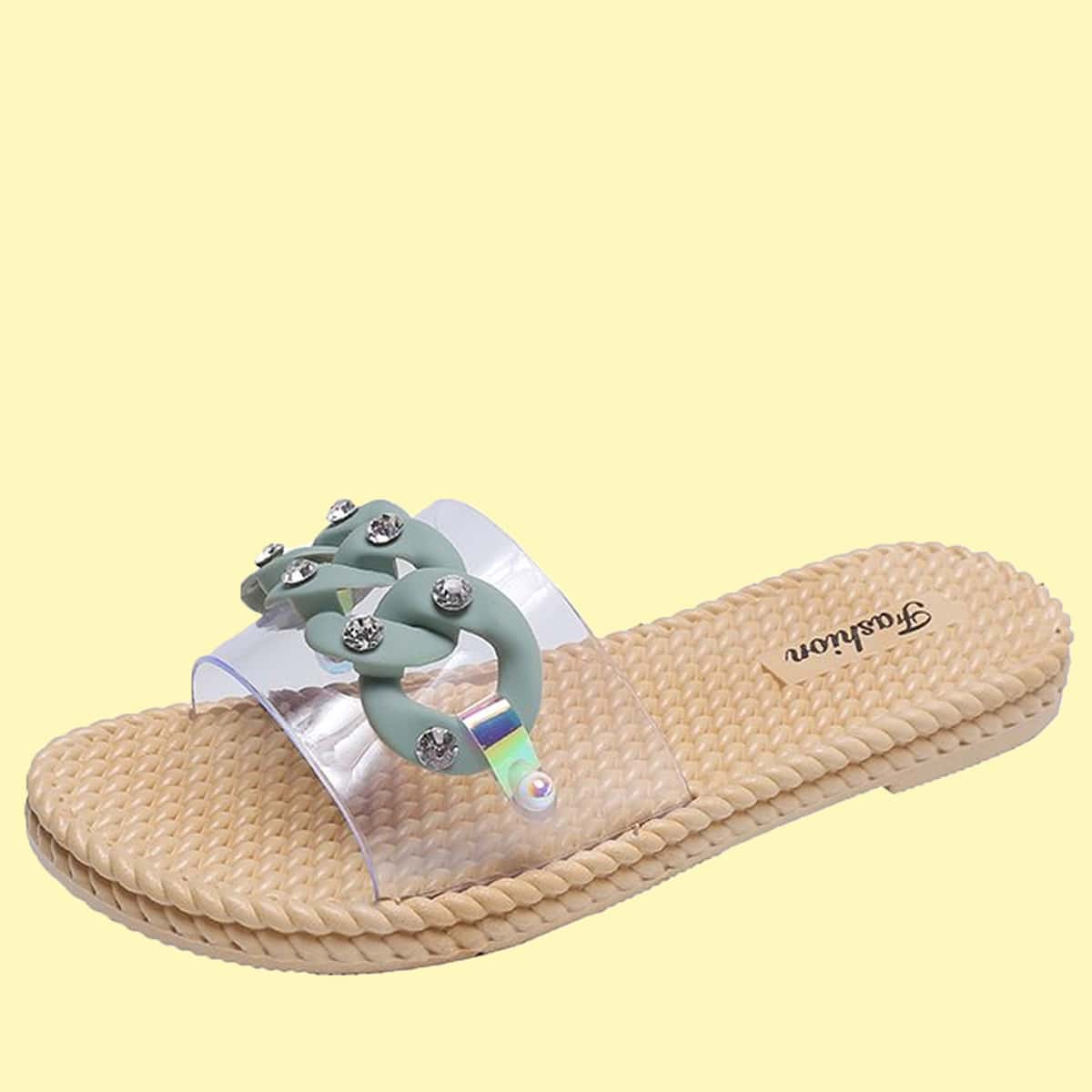 

Rhinestone Chain Clear Slides, Mint green