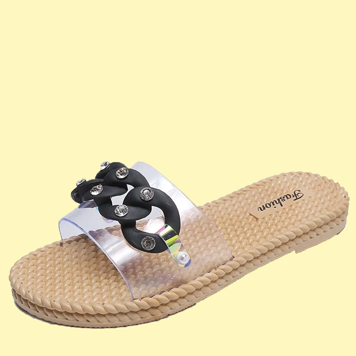 

Rhinestone Chain Clear Slides, Black
