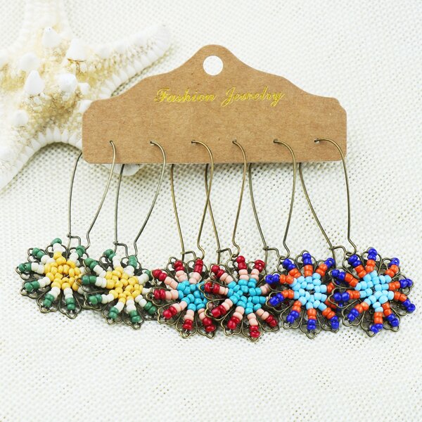 

3pairs Bead Decor Earrings, Multicolor