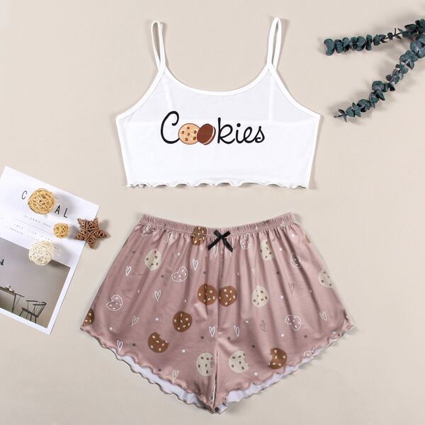 

Cookies And Letter Graphic Lettuce Trim Cami Pajama Set, Multicolor