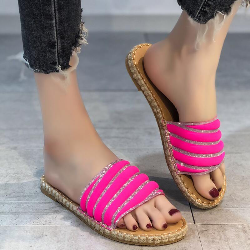 

Glitter Striped Slide Sandals, Hot pink