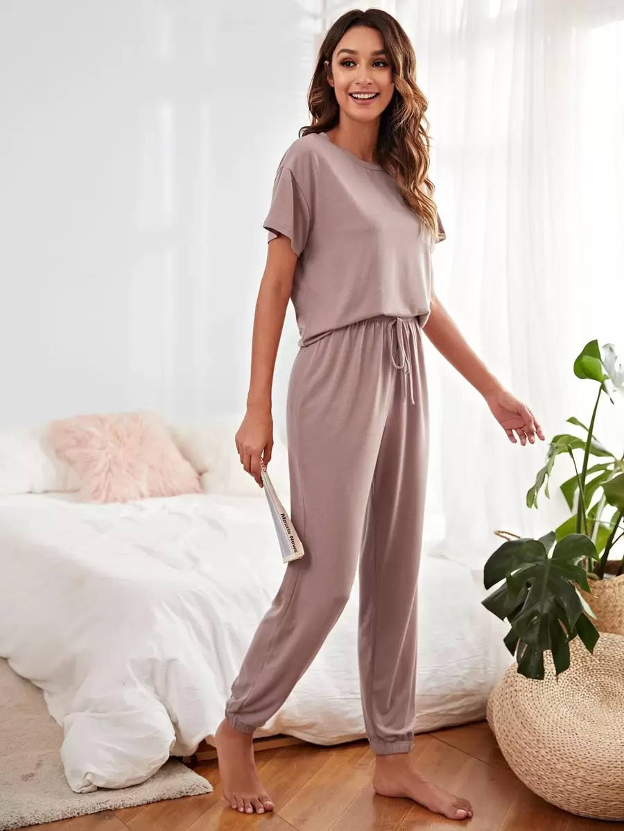 Solid Top & Drawstring Pants PJ Set / Pajama Set Outfit - Dusty Pink - View 1