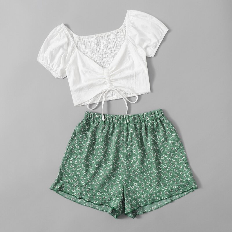 

Drawstring Shirred Crop Top & Ditsy Floral Shorts, Multicolor