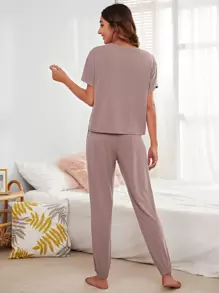 Solid Top & Drawstring Pants PJ Set / Pajama Set Outfit - Dusty Pink - View 2