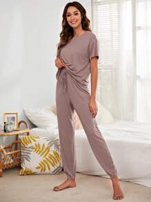 Solid Top & Drawstring Pants PJ Set / Pajama Set Outfit - Dusty Pink - View 4