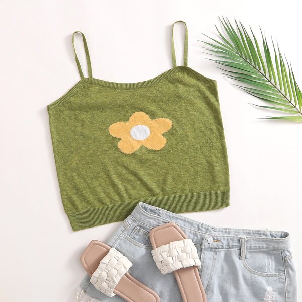 

Plus Floral Pattern Knit Cami Top, Olive green