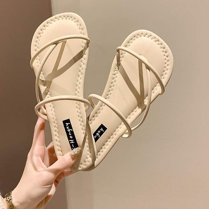 

Skinny Strap Toe Post Slide Sandals, Beige