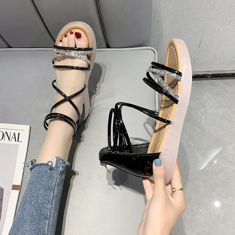

Rhinestone Strap Back Zip Sandals, Black
