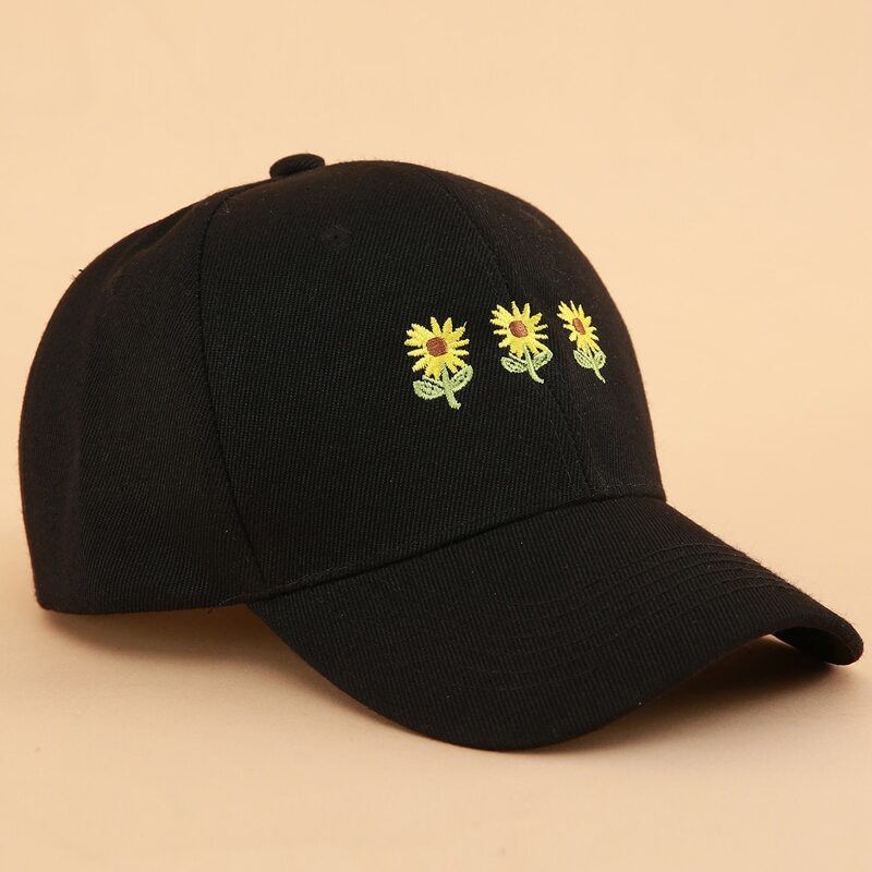 

Flower Embroidery Baseball Cap, Black