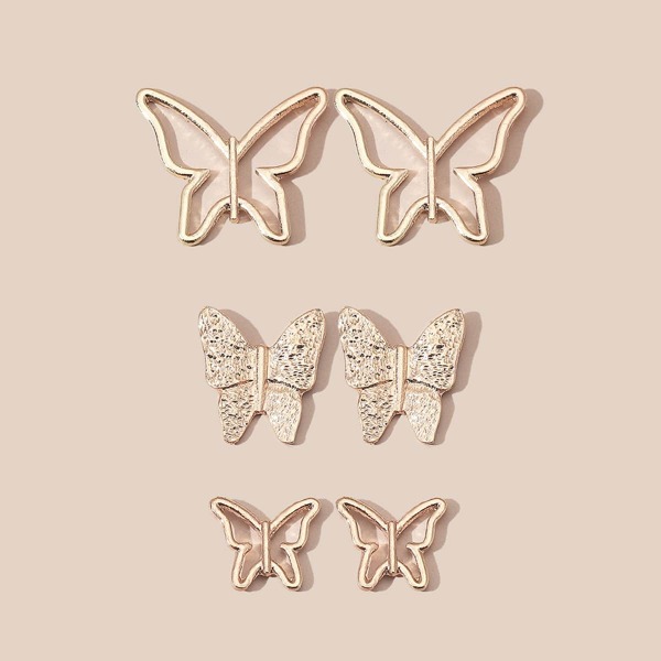 

3pairs Butterfly Design Stud Earrings, Gold