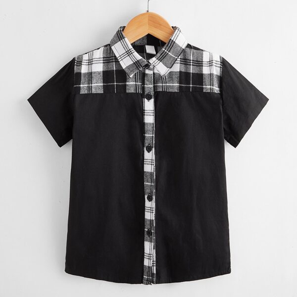 

Boys Plaid Panel Button Up Shirt, Black