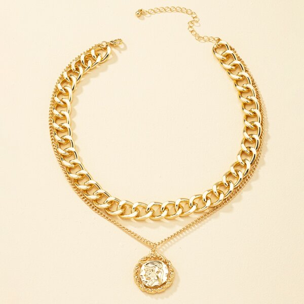

Textured Metal Round Charm Layered Necklace, Gold