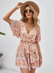 SHEIN VCAY Mono cruzado delantero floral con cinturón