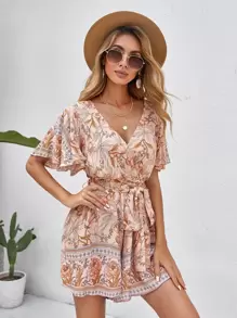 SHEIN VCAY Mono cruzado delantero floral con cinturón
