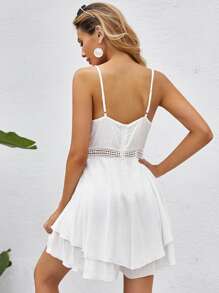 Surplice Front Lace Waist Swiss Dot Cami Romper - White - View 2