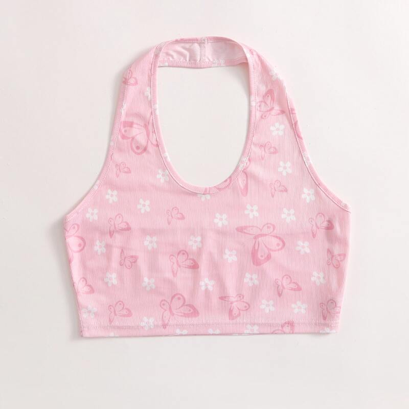 

Butterfly & Floral Graphic Ribbed Halter Top, Baby pink