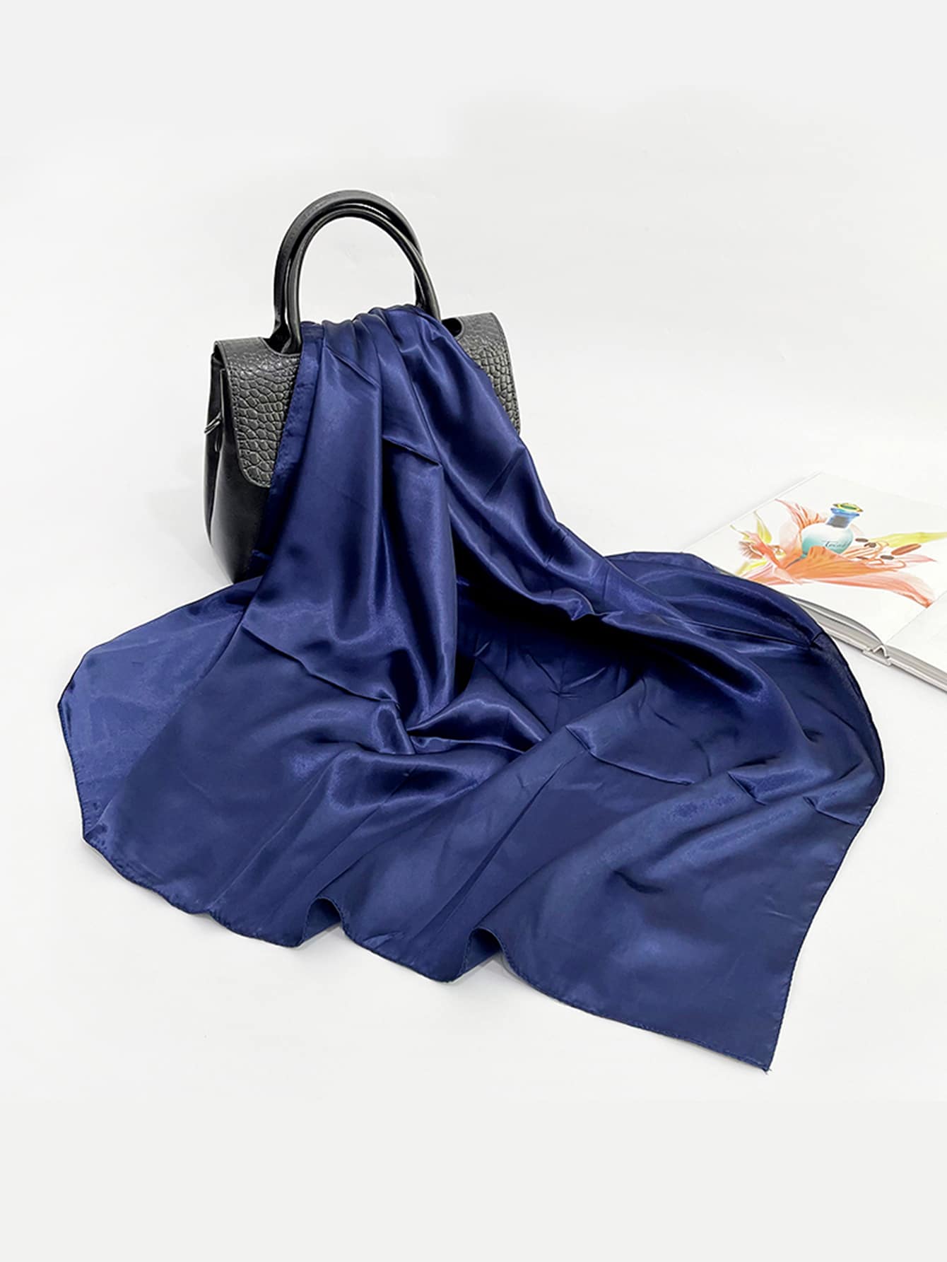 1 Miếng Của phụ nữ 90cm Bắt chước Lụa Màu thuần Hình vuông Khăn quàng cổ Dây buộc tóc Khăn rằn Áo top Không dây Quấn đầu - Màu xanh hải quân - Xem 1