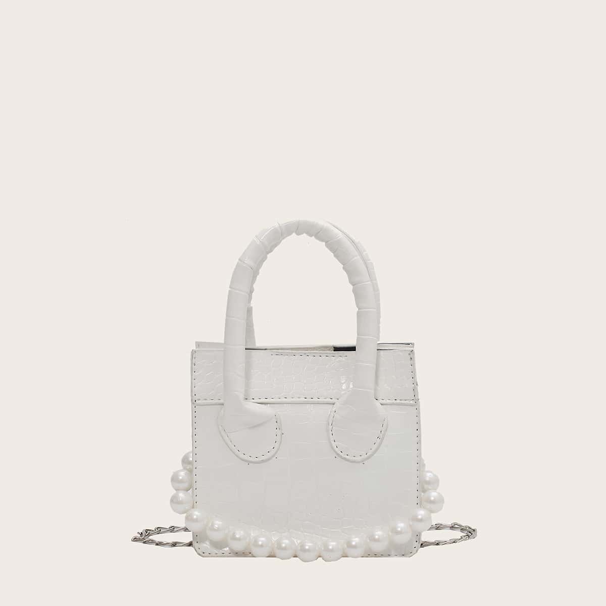 

Faux Pearl Croc Embossed Mini Satchel Bag, White