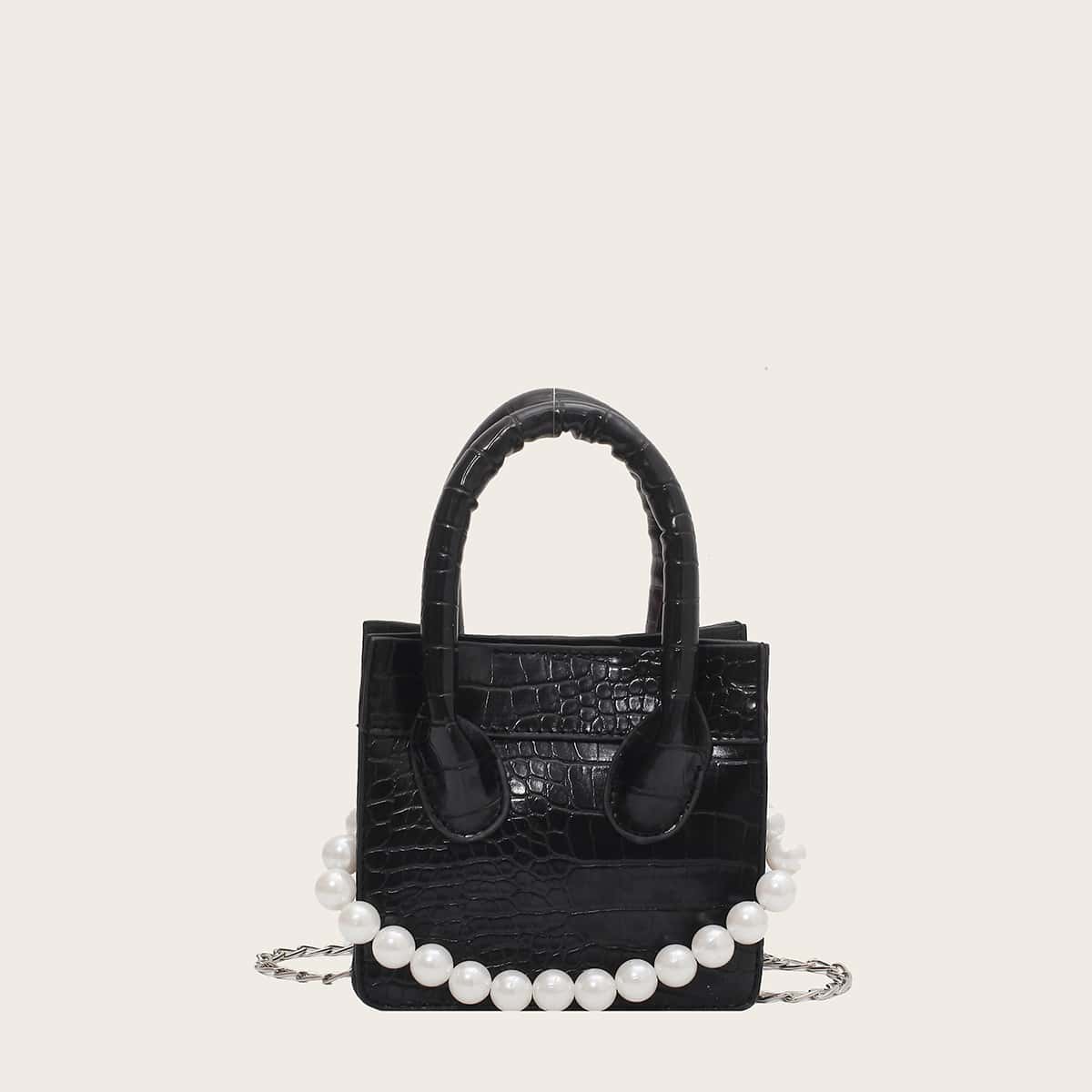 

Faux Pearl Croc Embossed Mini Satchel Bag, Black