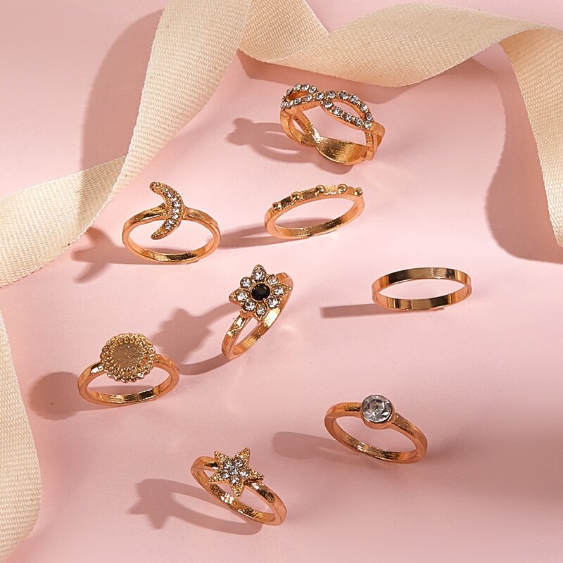 

8pcs Rhinestone Star Ring, Gold