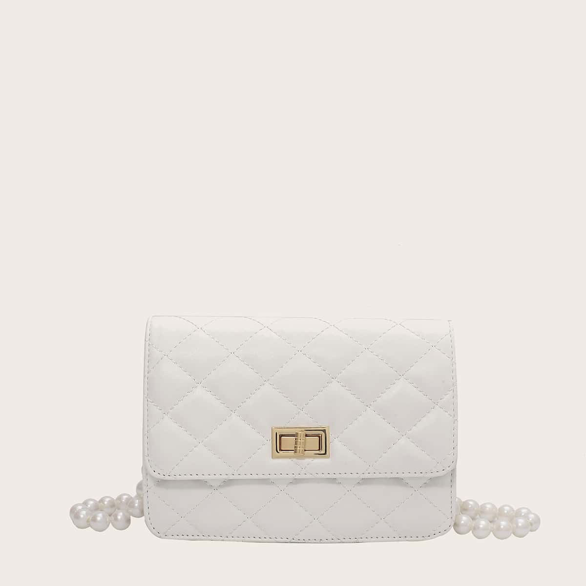 

Quilted Faux Pearl Strap Crossbody Bag, White