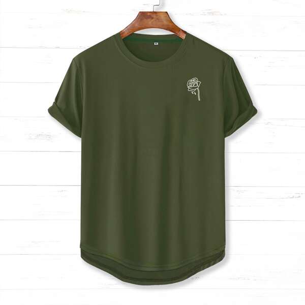 

Men Rose Print Curved Hem Tee, Army green