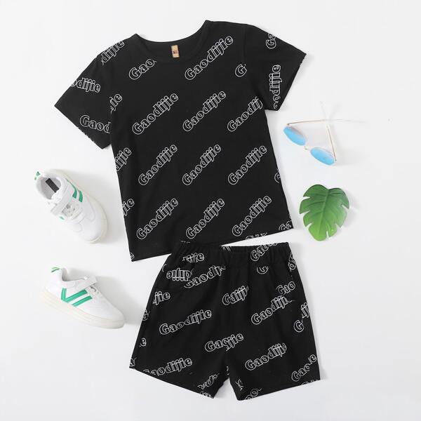 

Boys Allover Letter Graphic Tee & Track Shorts, Black