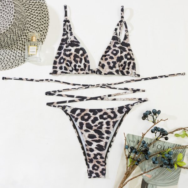 

Leopard Tie Front Bikini Swimsuit, Multicolor