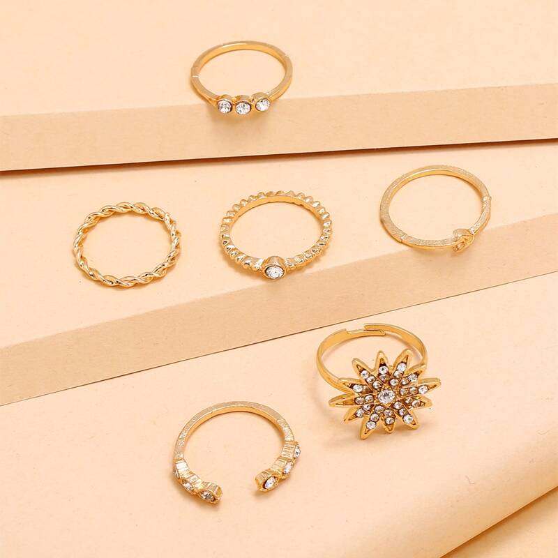 

6pcs Rhinestone Sun Ring, Gold