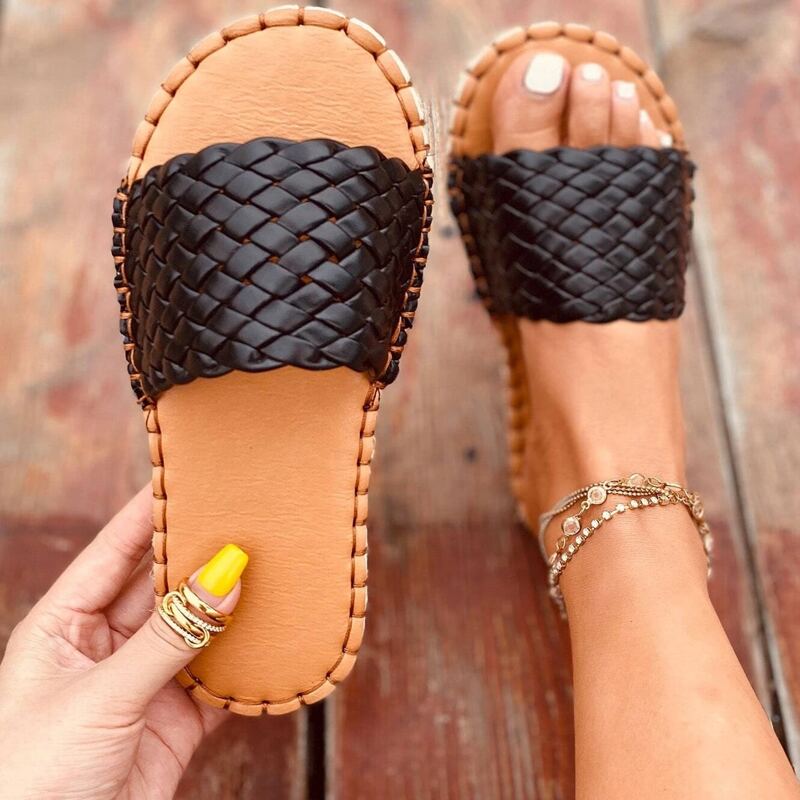 

Braided Wide Band Slide Sandals, Black
