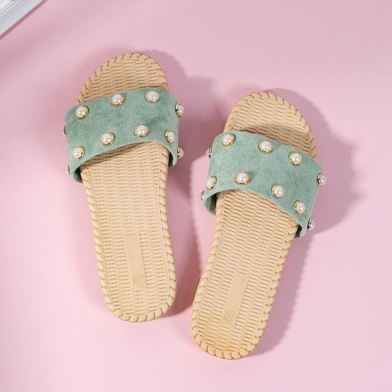 

Faux Pearl Wide Band Slide Sandals, Mint blue