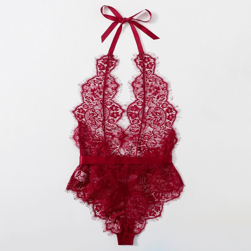 

Eyelash Floral Lace Halter Teddy Bodysuit, Burgundy